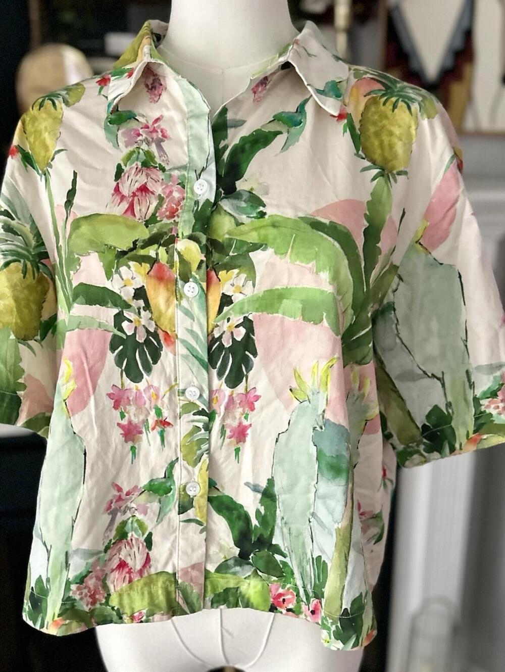 H & M Tropical Button Down Blouse for Women, Size Medium, Lightweight Summer